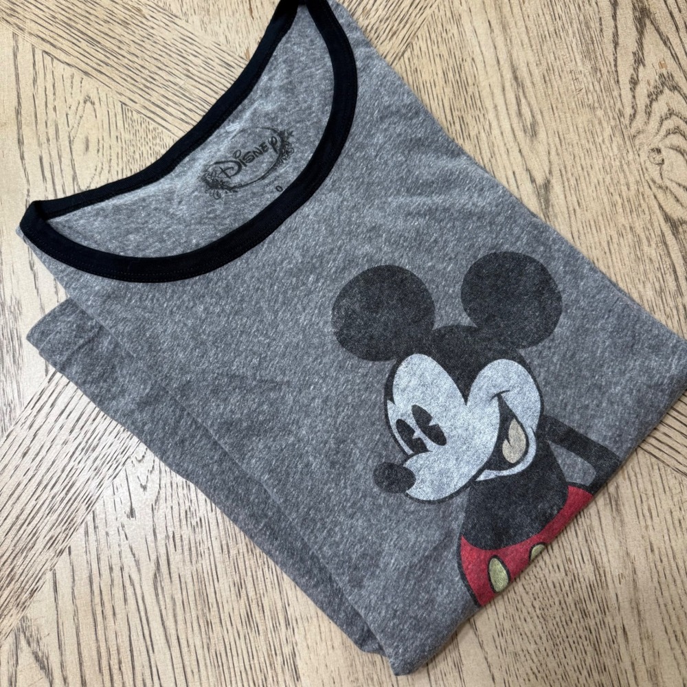 Disney Mickey Mouse Graphic T Shirt Gray Black Ringer Tee Size 0 large
